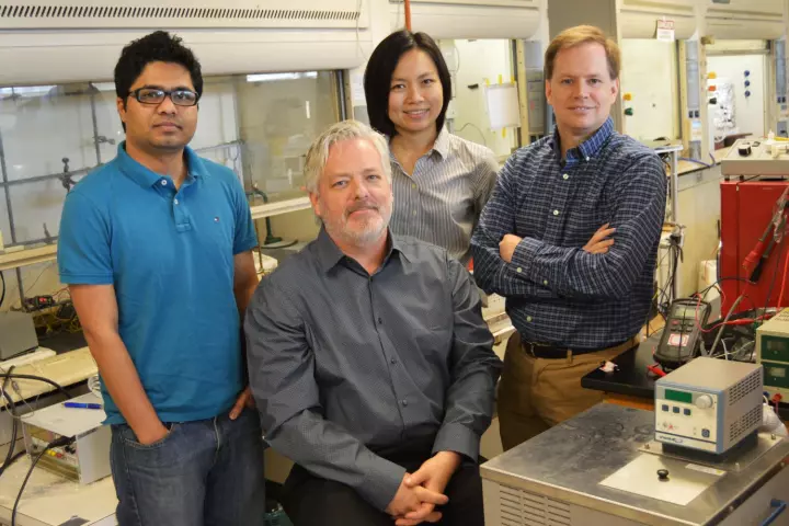 UTA researchers (L to R), Mohammad Fakrul Islam, Frederick MacDonnell, Wilaiwan Chanmanee and Brian Dennis, whose research is a first in producing usable liquid hydrocarbon fuel from sunlight, water and CO2