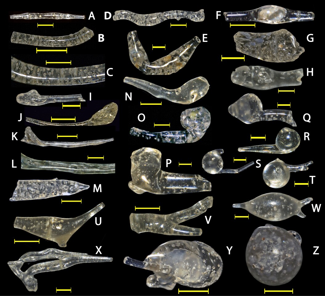 Glassy debris found in the sands near Hiroshima – whilst many of the particles appeared spherical, others took on more elongated warped shapes