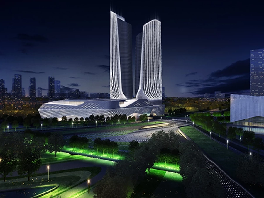 The towers of the International Youth Culture Centre are 314 m (1,030 ft) and 255 m (840 ft) tall