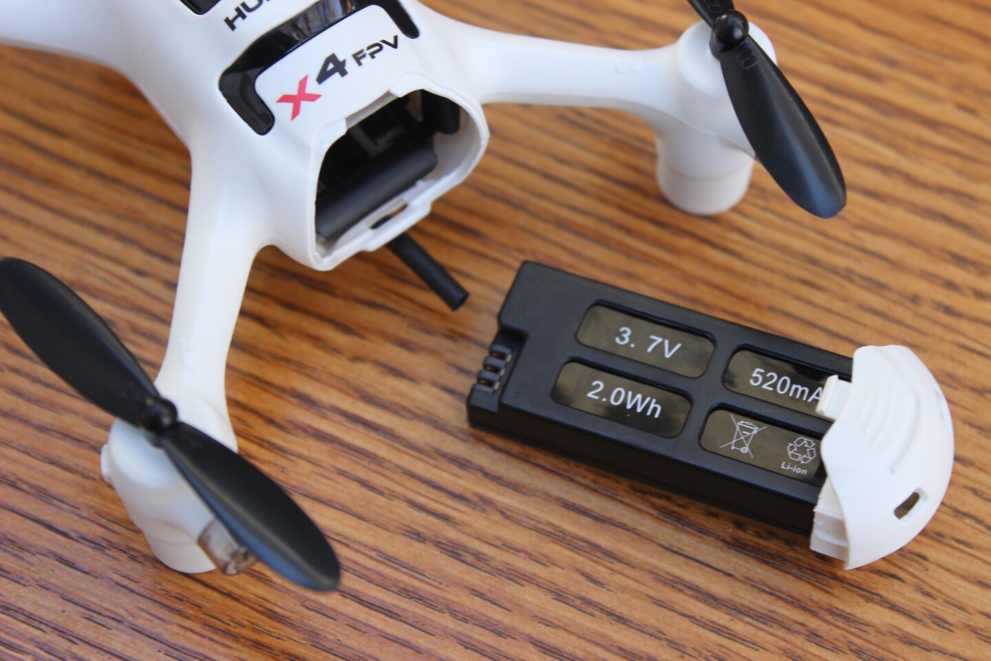 A 3.7V/520-mAh lithium-ion battery powers the Hubsan FPV X4 Plus, keeping it flying for about seven minutes per 30-minute charge