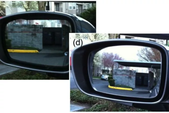 A conventional flat mirror (left) and the progressive mirror