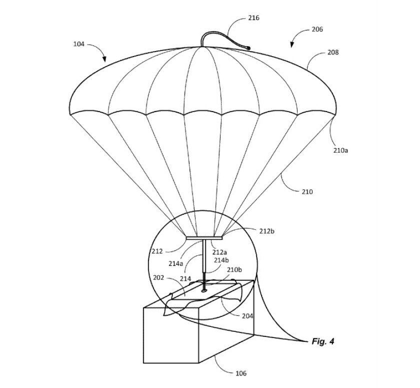 A string on top would pull open the parachute as the drone drops the package