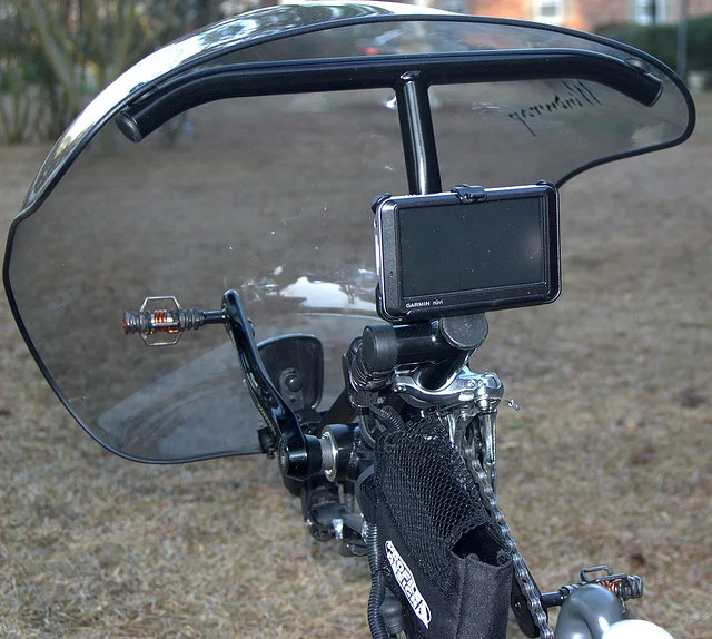 Silk's Garmin nuvi navigation unit, behind the Mueller front fairing