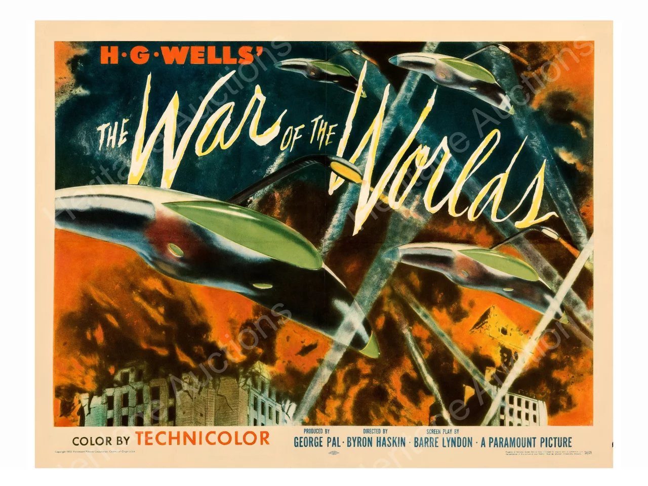 "The War of the Worlds" (1953) movie poster (22" X 28") | Sold for: $15,600 by Heritage Auctions on March 22, 2020