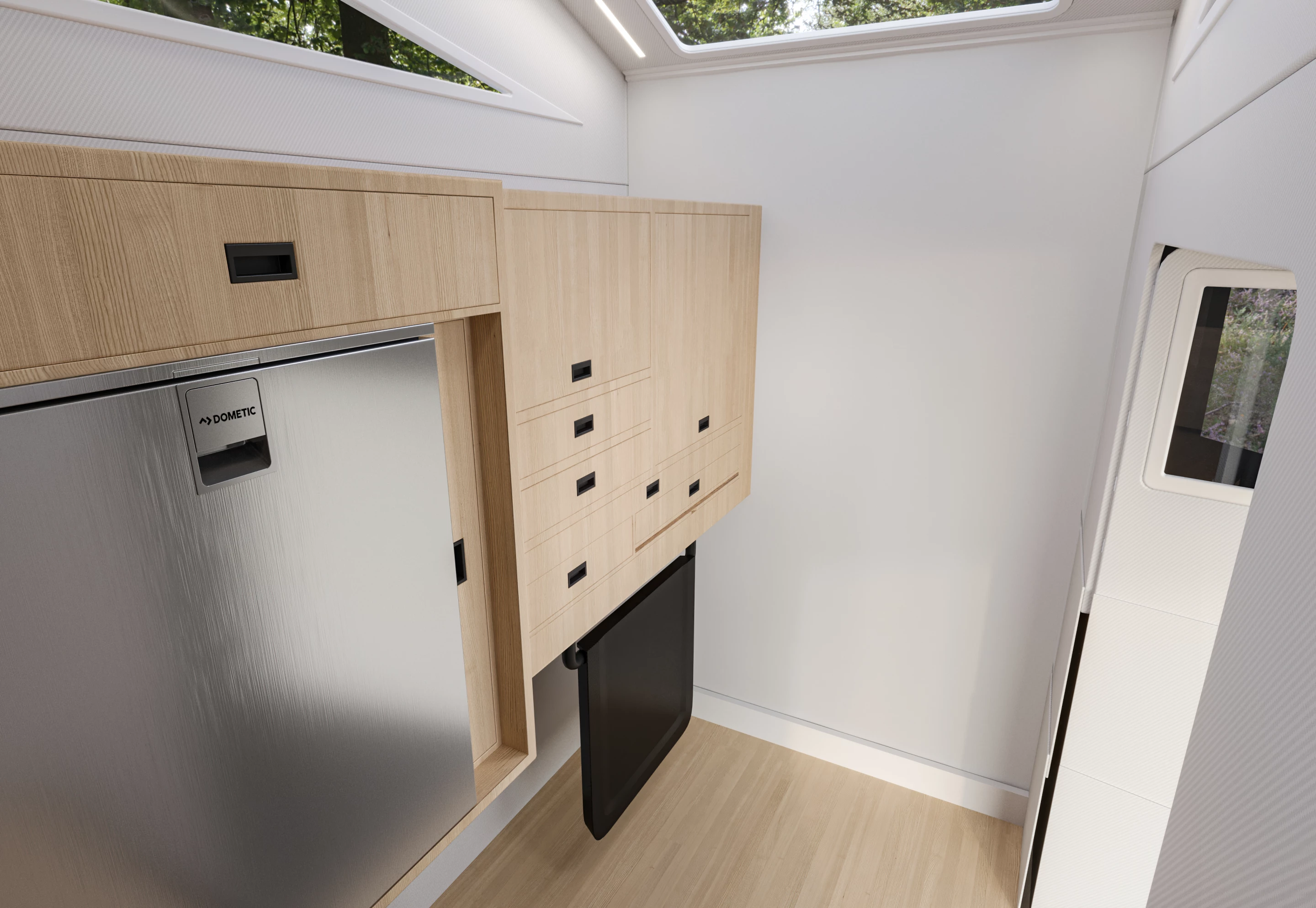 The bathroom includes a privacy door