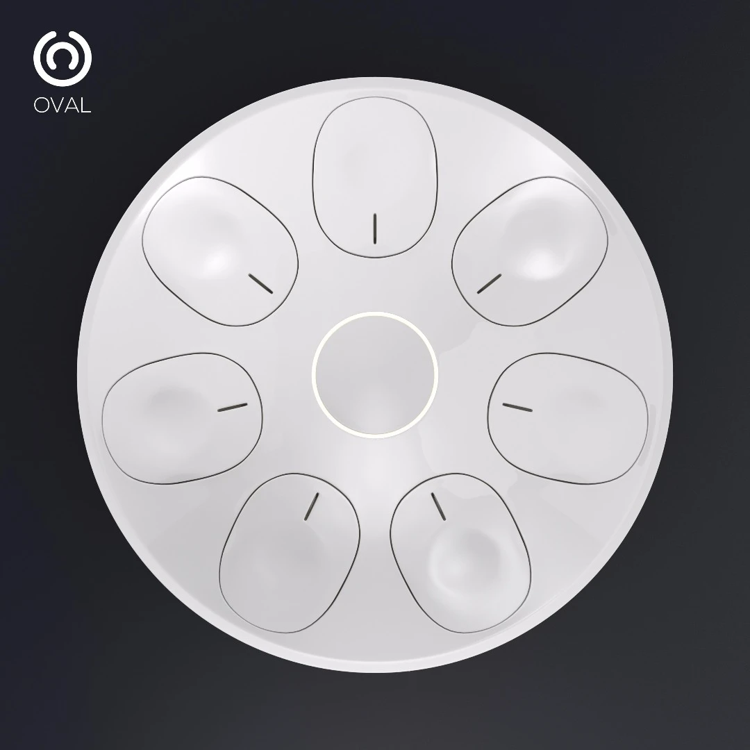 The 42 cm (16.5 in) diameter, 12.5 cm (4.9 in) high, 3.1 kg (6.8 lb) Oval is described as a next generation electronic musical instrument and open source hardware controller