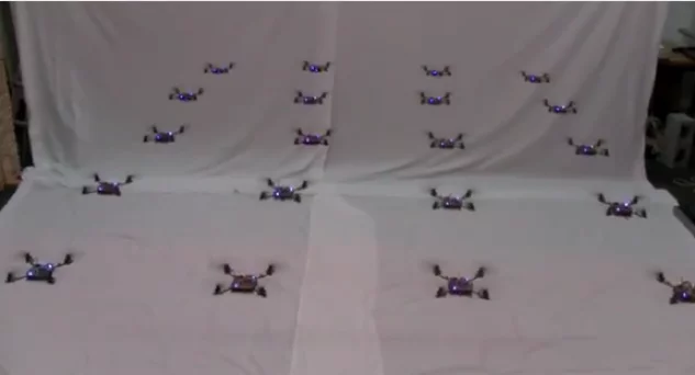 Twenty quadrotors fly in formation at the University of Pennsylvania's GRASP lab