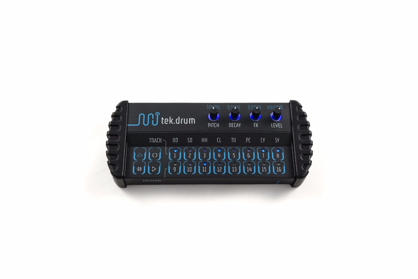 The tek.drum is an eight voice, eight track, 16-step drum sequencer