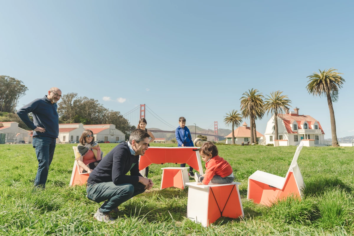 Oru SwitchTable, PopLounge chairs and FlipCubes set up into a day camping/lounge site