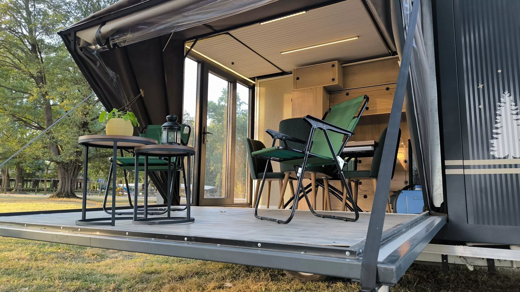 Pull the canopy up and enjoy a level open air deck just above the ground