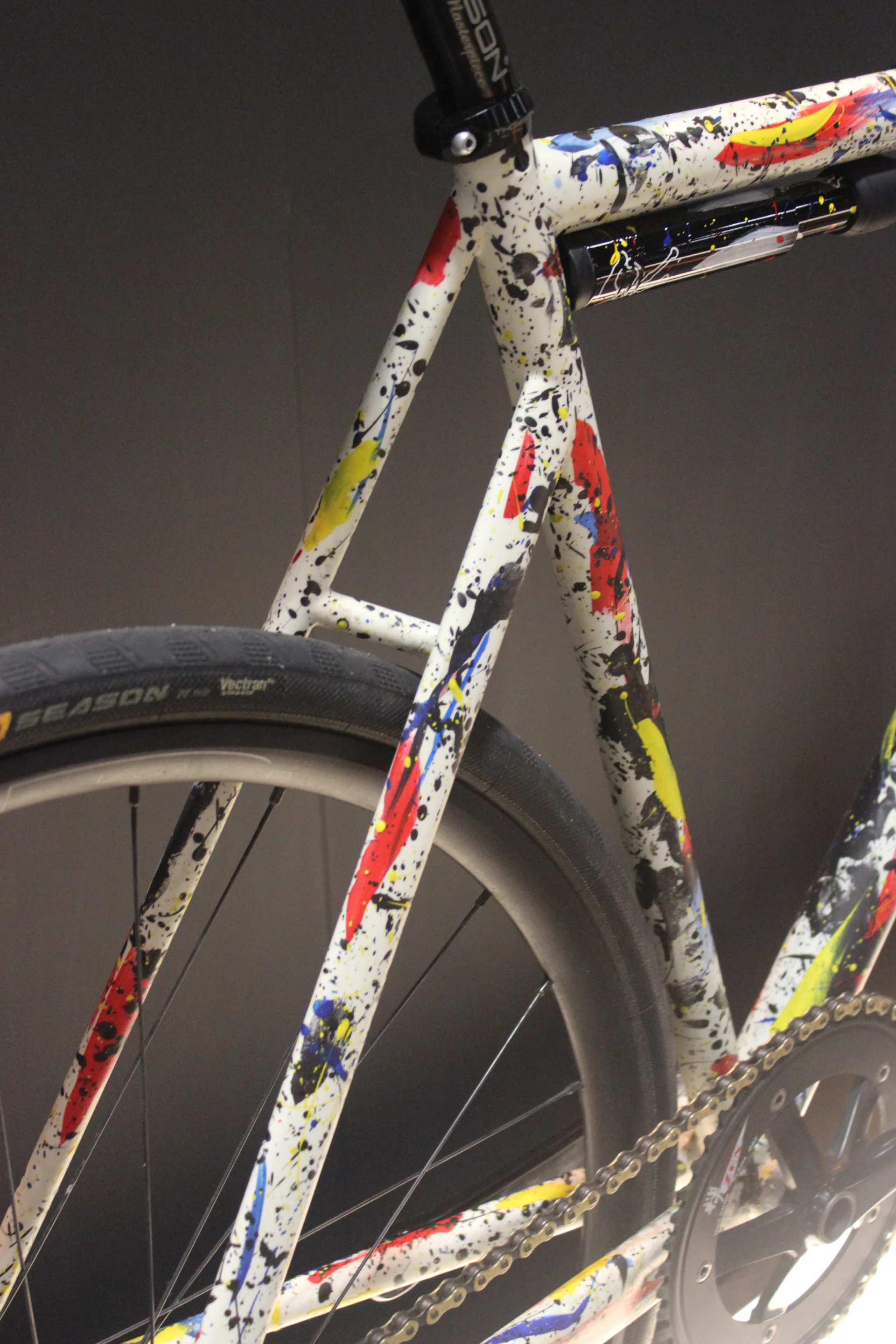 Asymmetrical seat stays on this road bike by Weis Manufacturing, designed to compensate for the torque created by the drivetrain