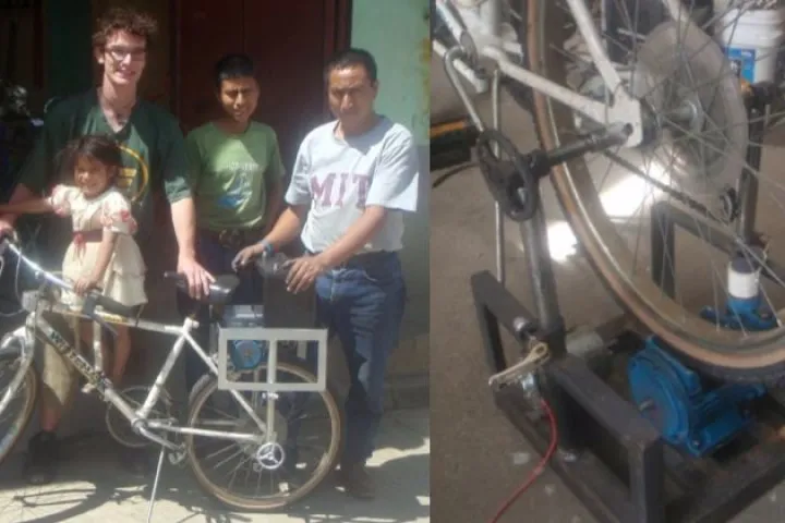 Jon Leary and friends, with his mobile bicycle-powered pump