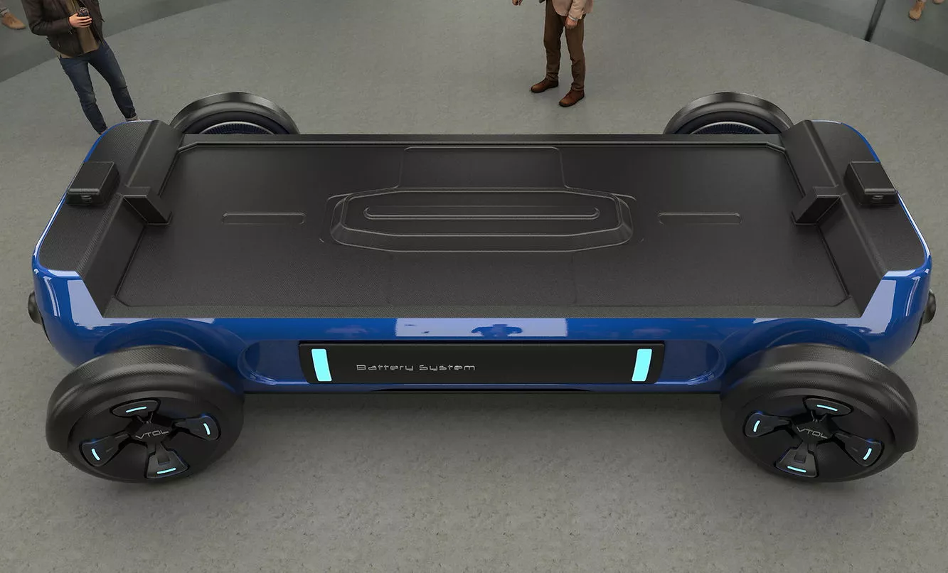 The skateboard-style chassis and eVTOL airframe will use swappable, interchangeable battery packs