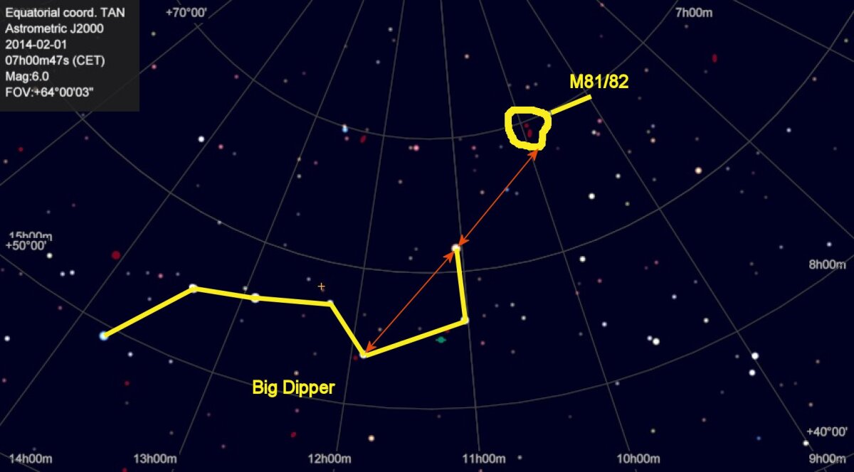 Chart of the Big Dipper area including M81 and M82. If you extend the first arrow linking the stars of the bowl of the Big Dipper as indicated by the second arrow (same angle, same distance), M81 will be visible slightly north of its end (Image: B. Dodson)