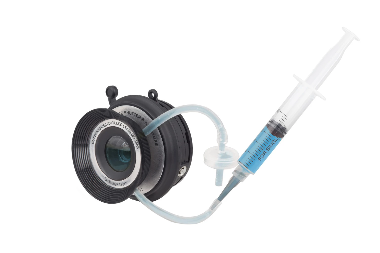 The camera comes with a syringe for filling the lens with different liquids