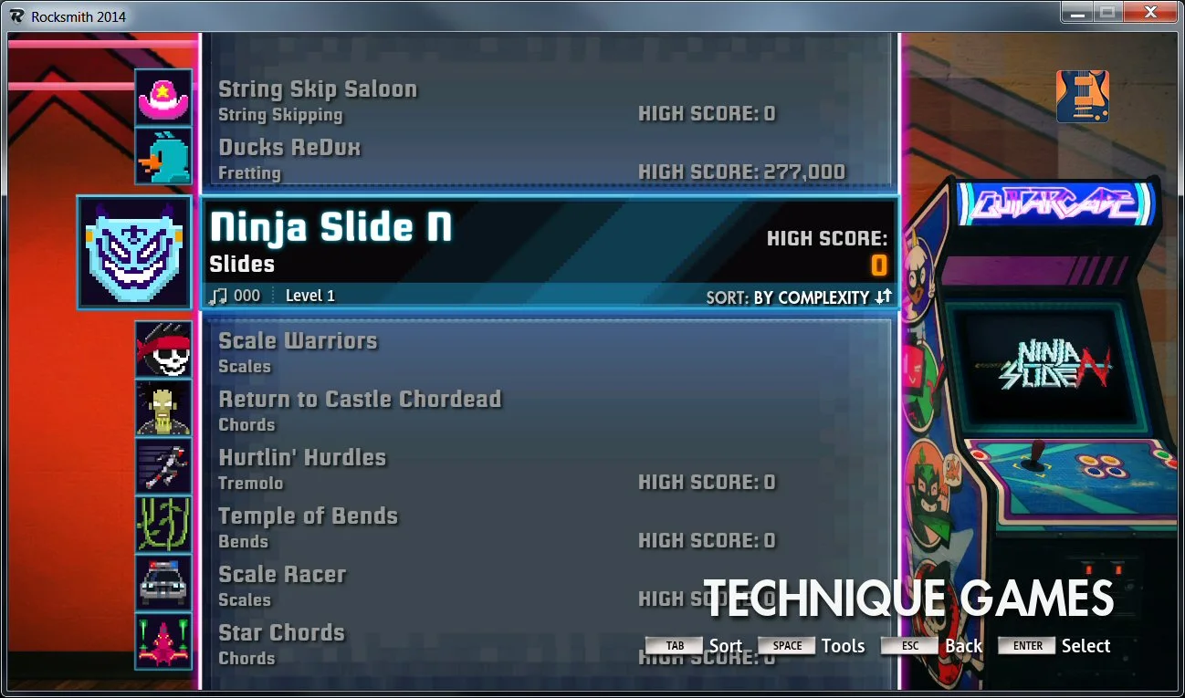 Guitarcade provides a number of guitar-based games aimed at improving skill sets