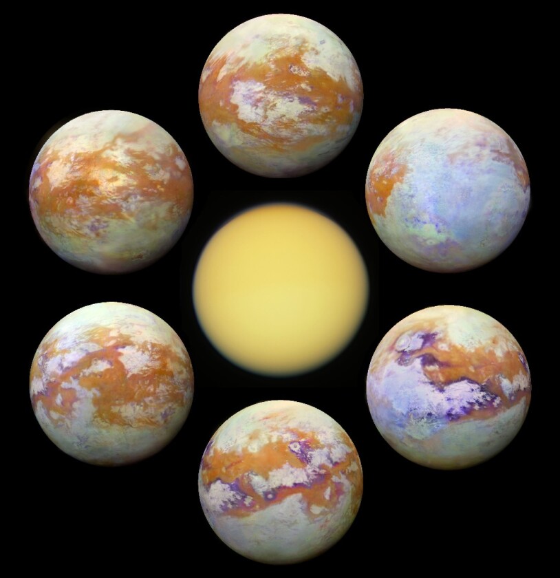 The six new infrared images are much clearer than Titan normally appears in the visible spectrum (center)