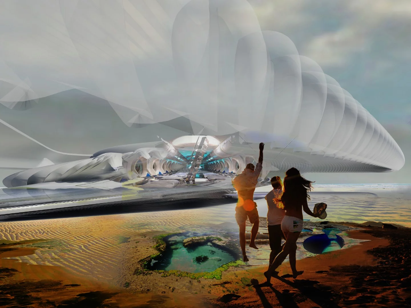 The Harmonic Turbine Tidal Hotel's sculpted turbines would create small rock pools and areas for sunbathing