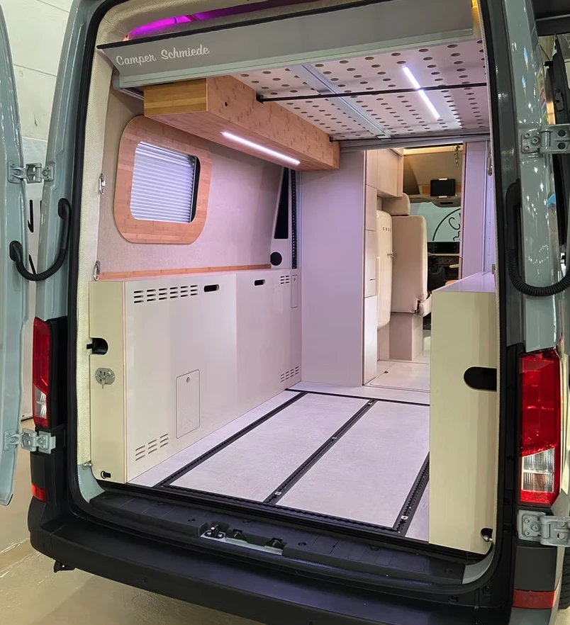 Remove the worktop and sofa, and the Marilyn Onroad becomes a large adventure van with tie-down track for strapping up bikes and gear