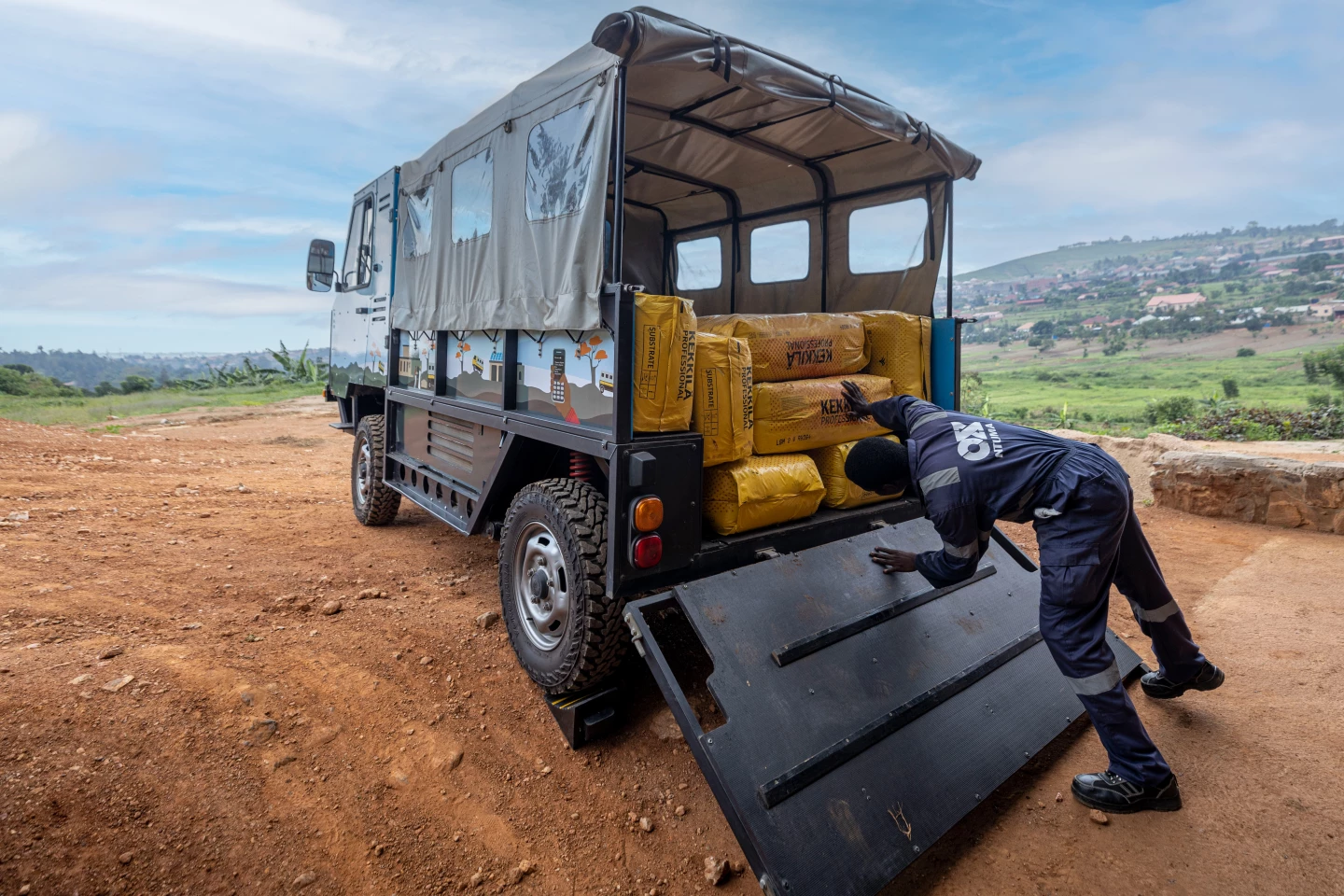 The compact Ox electric truck can haul up to 2,000 kg of goods over rough terrain, without spewing out polluting fumes as it rolls along