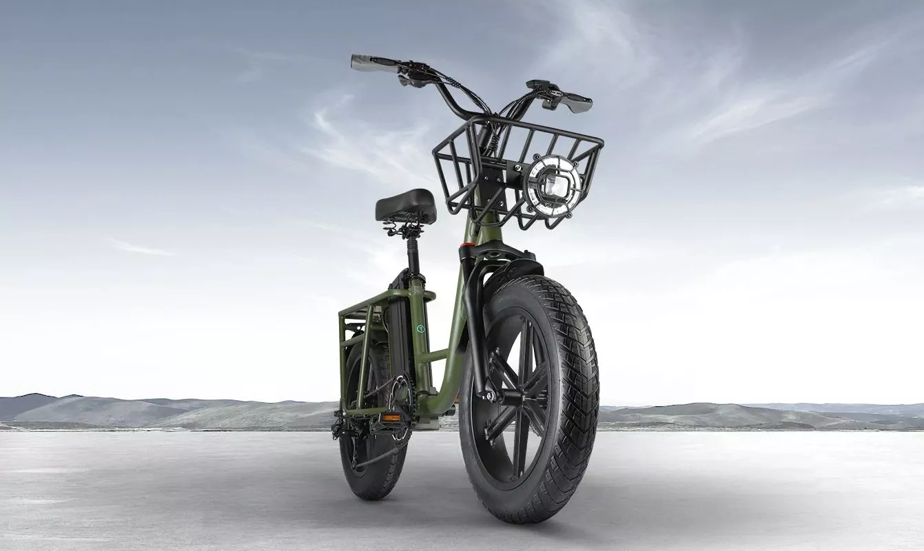 Front fork suspension, step-through frame and basket-mounted front light
