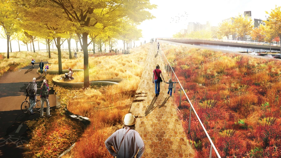 BIG's coastal protection system comprises large berms – or embankments – which feature a shore-facing concrete wall covered by compacted earth and a turf top (Photo: Rebuild by Design)