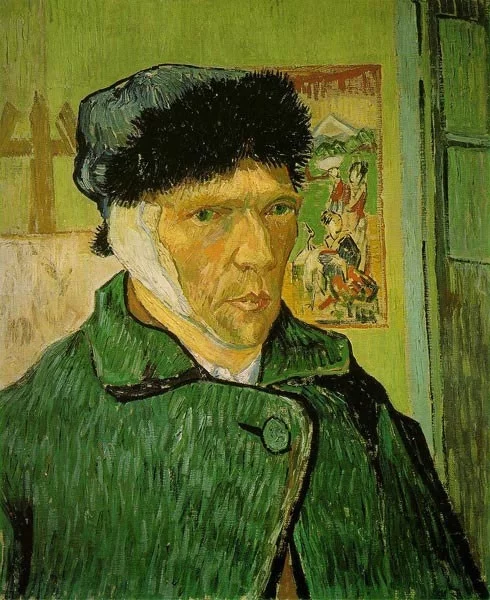 This self portrait by Van Gogh was presumably painted with the use of a mirror - he cut off the other ear.