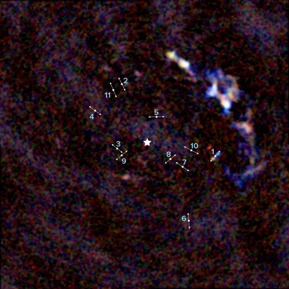 An ALMA image of the Milky Way's central supermassive black hole (shown at the illustrated star), surrounded by 11 protostars (marked 1 to 11)