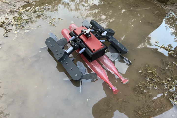 The AmphiSTAR robot, pictured here moving from water to land