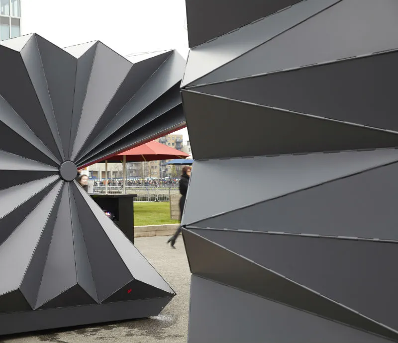 Side views of two kiosks