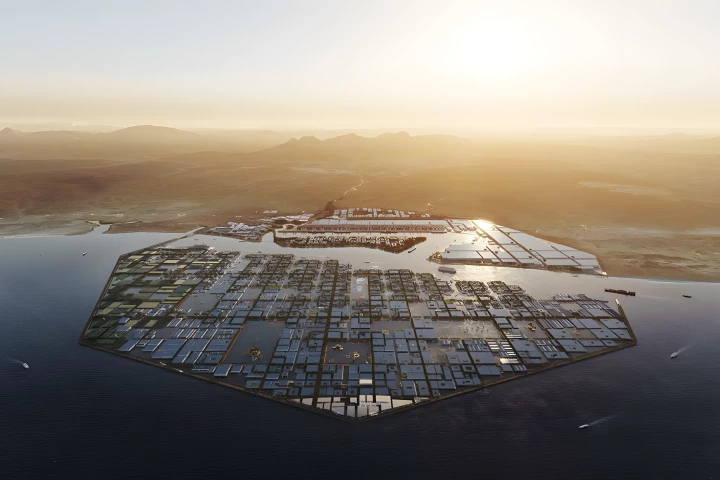 A 1.5-gigawatt AI data center is planned for Neom's Oxagon district, pictured, and will be completed in 2028