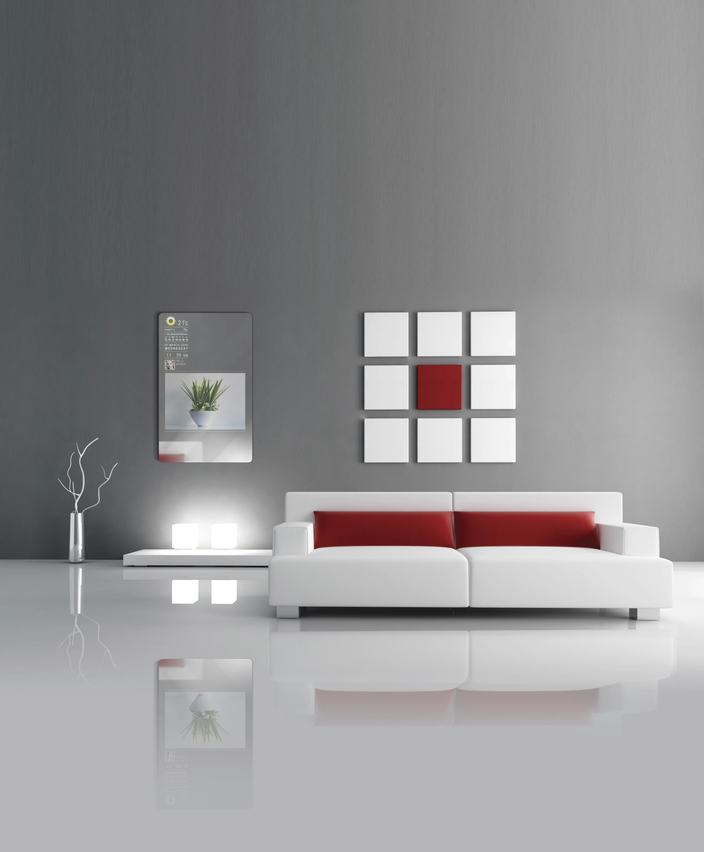 The Cybertecture Mirror presents users with a wealth of information while looking at their reflection - including weather and news, social network feeds, streamed internet TV, personal health information and can even act as a personal exercise coach