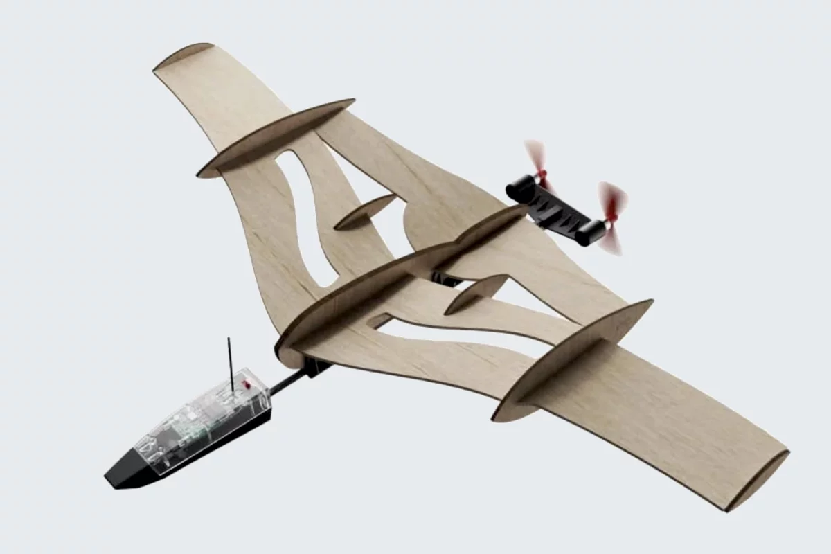 The hand-designed, laser-cut balsa plane uses PowerUp's 4.0 system to fly the model from your phone