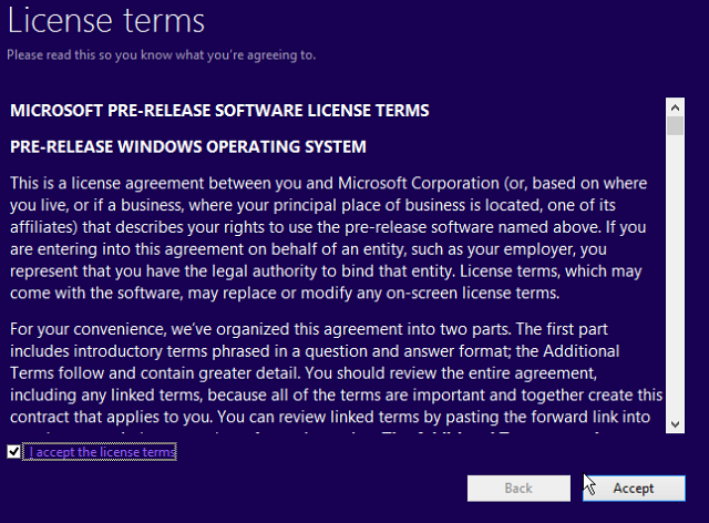 Agree to the Windows 10 Tech Preview EULA