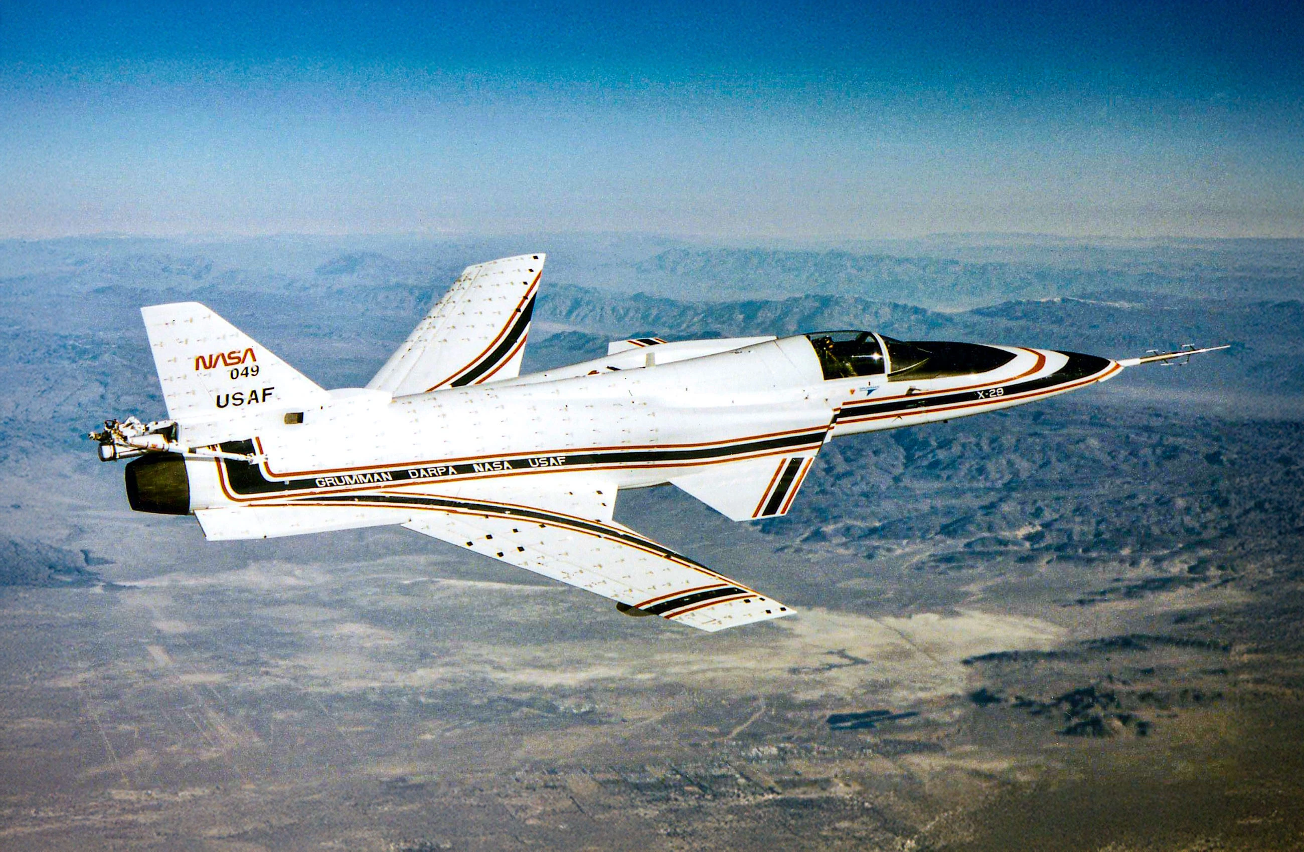 EC90-039-4, the No. 2 X-29 technology demonstrator aircraft is seen here during a 1990 test flight