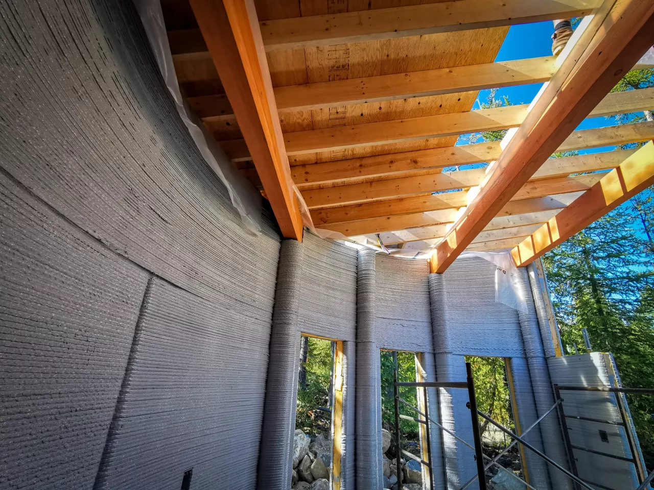 Though a 3D printer created its walls, Fibonacci House's roof was installed by humans