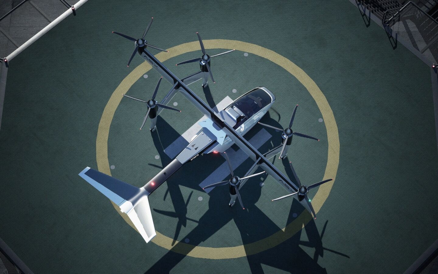 The 43-foot tilting wing holds the entire six-prop VTOL system