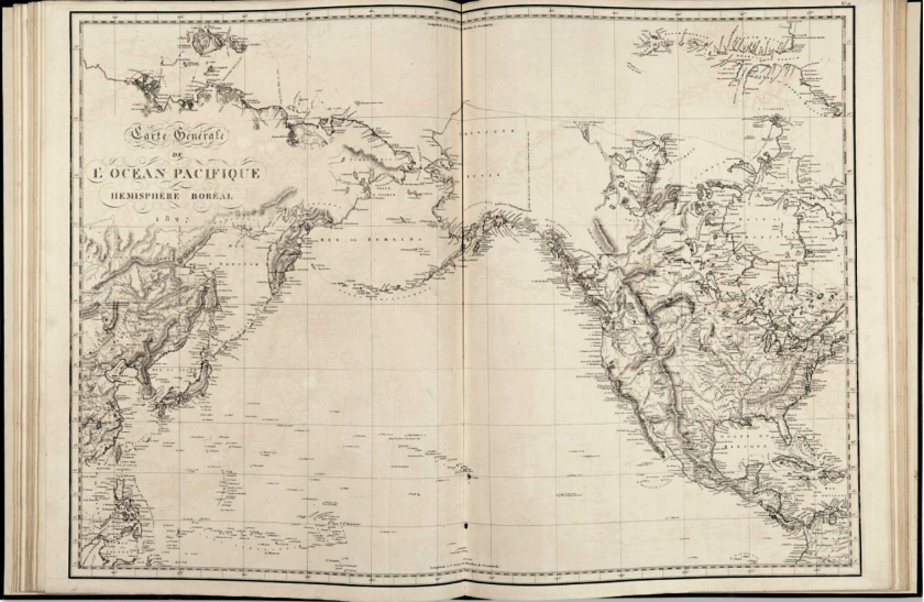 Baron Ivan Fyodorovich Kruzenshtern accidentally led the first Russian circumnavigation of the globe (1803 - 1806), while on a mission for the Russian-American Company to develop the fur trade with Russian America (Alaska), facilitate trade with China, Japan, and South America, and examine the coast of California for a possible colony. This trip formed the basis for what the auction description for Atlas de l’Océan Pacifique cites as a "landmark of cartography", but it was clearly supplemented by many subsequent Russian voyages in the North and South Pacific and data gathered from other sources. The extremely rare copy sold for $162,500 at Christies on December 7, 2017