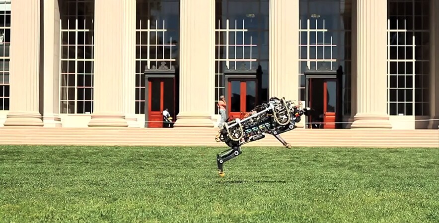 The MIT robotic cheetah can run at up to 10 mph (16 km/h) and can jump over obstacles that are 33 cm (13 in) high