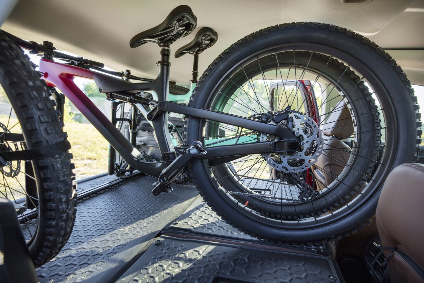 The cargo area in the Ford Bronco Sport can stow two mountain bikes inside the vehicle
