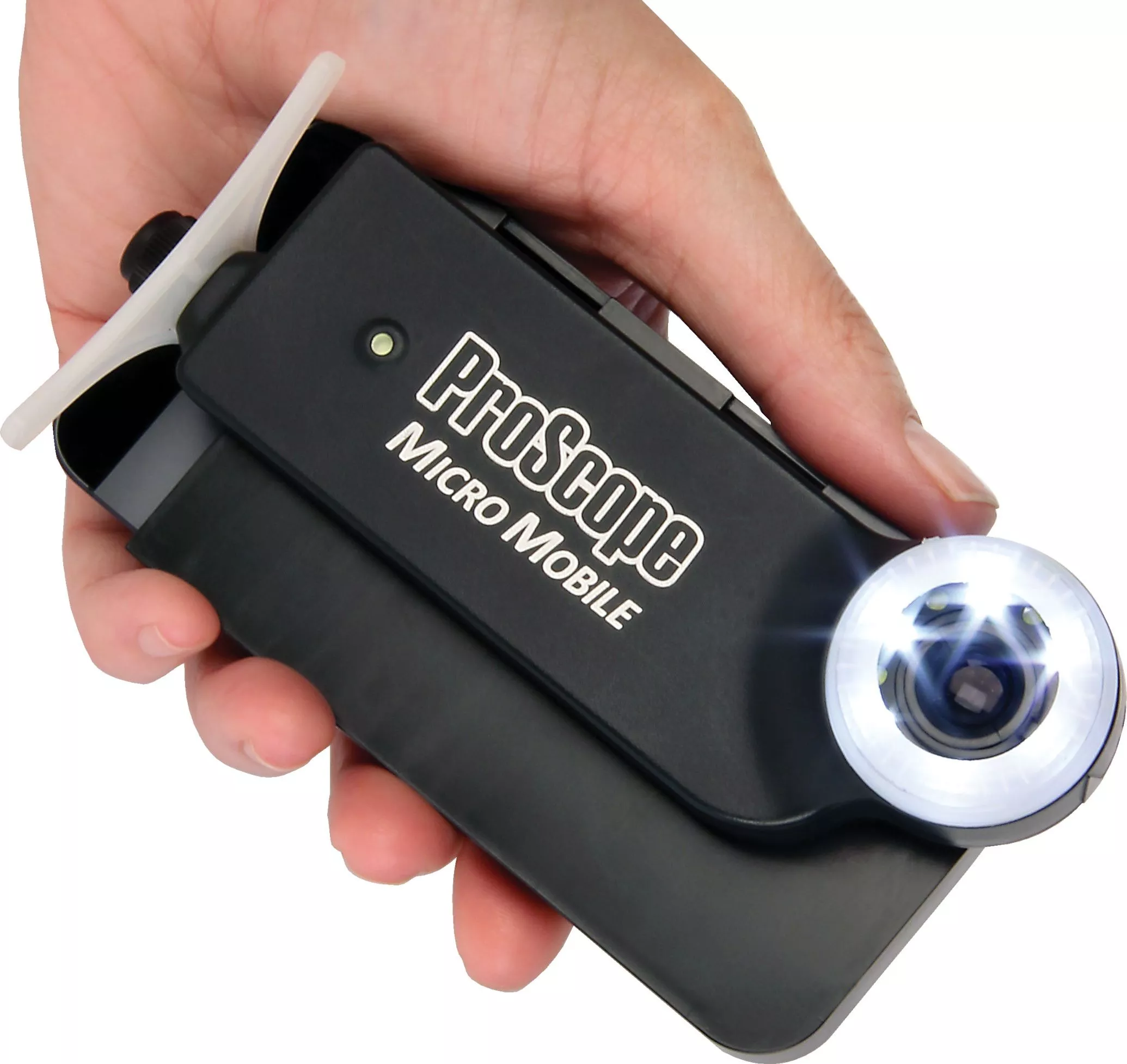 A ring of 12 adjustable-brightness LEDs surround the lens to evenly illuminate the subject, via polarized or reflective lighting