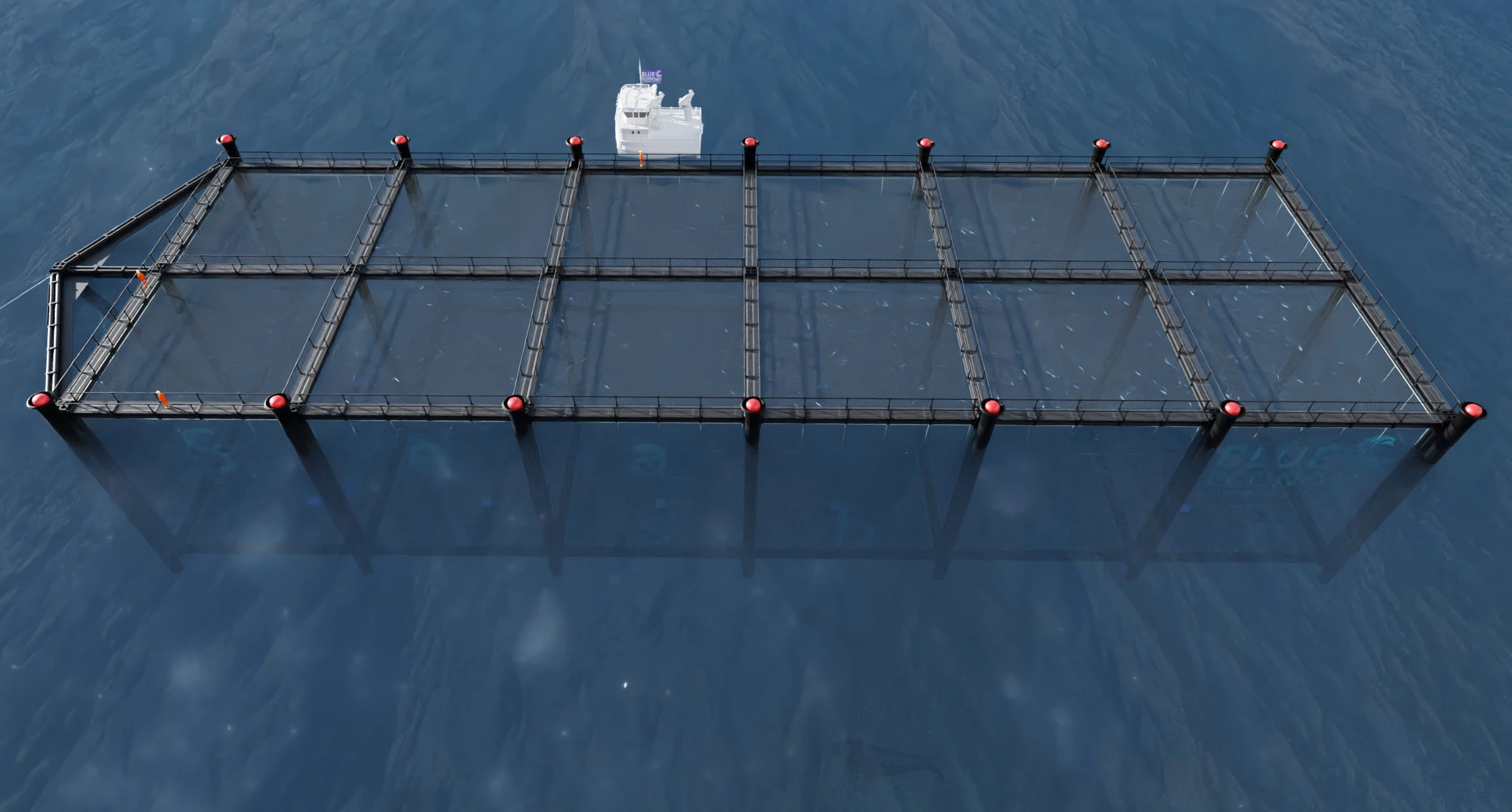 Walkways along the top of the SeaFisher allow workers to access the pens