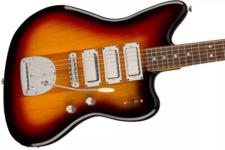 Instead of an alder body, the Spark-O-Matic Jazzmaster rocks a mahogany core flanked by chambered ash wings