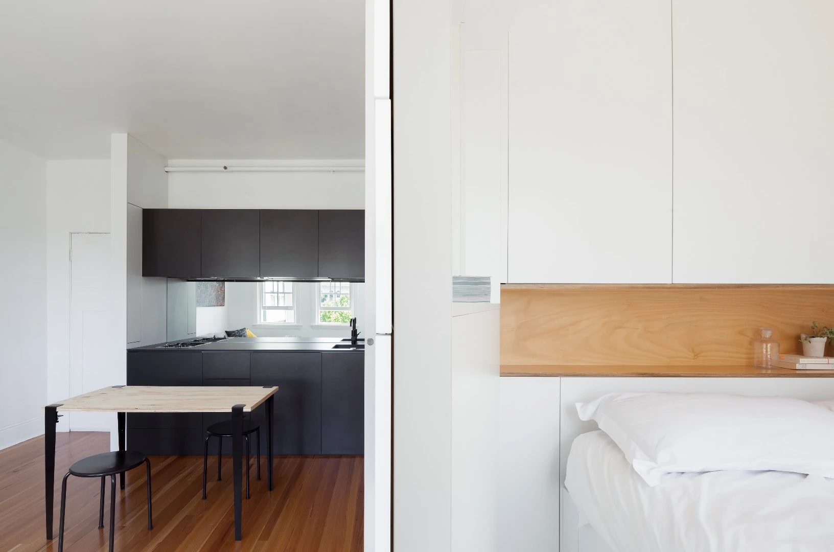 Swartz reconfigured what was originally just a single-room apartment to incorporate two distinct zones