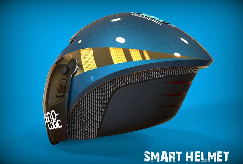 The helmet includes built-in turn indicators and a brake light