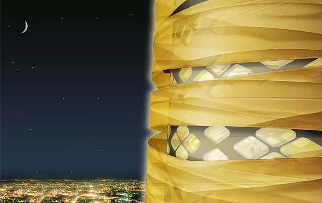 A close-up visualization of the tower's facade by night