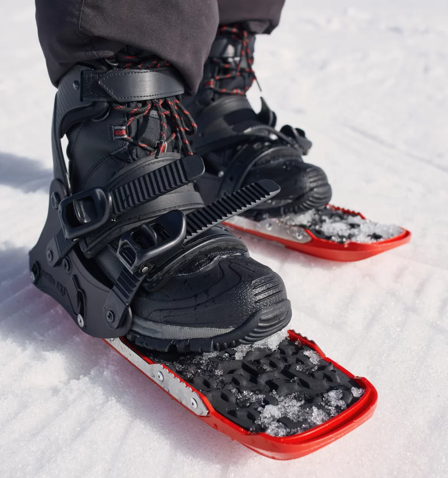 The bindings are compatible with most winter and hiking boots