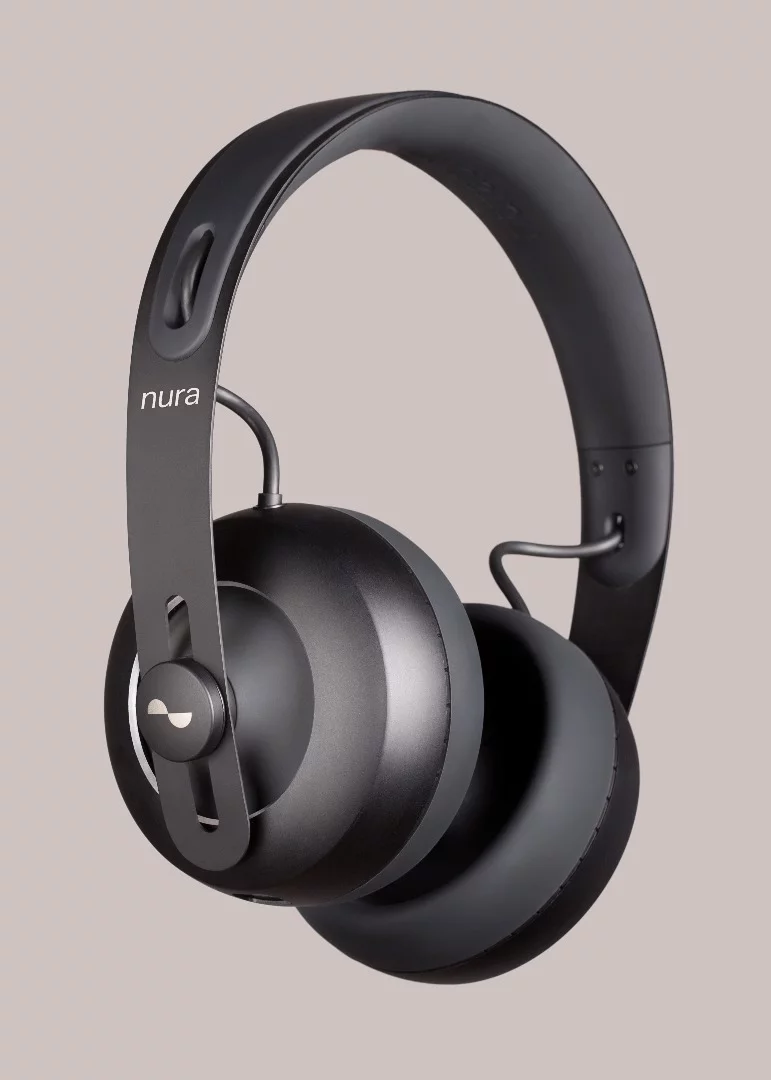 The nura headphones feature aluminum cans, a stainless steel headband, and slicone in-ear and on-ear components