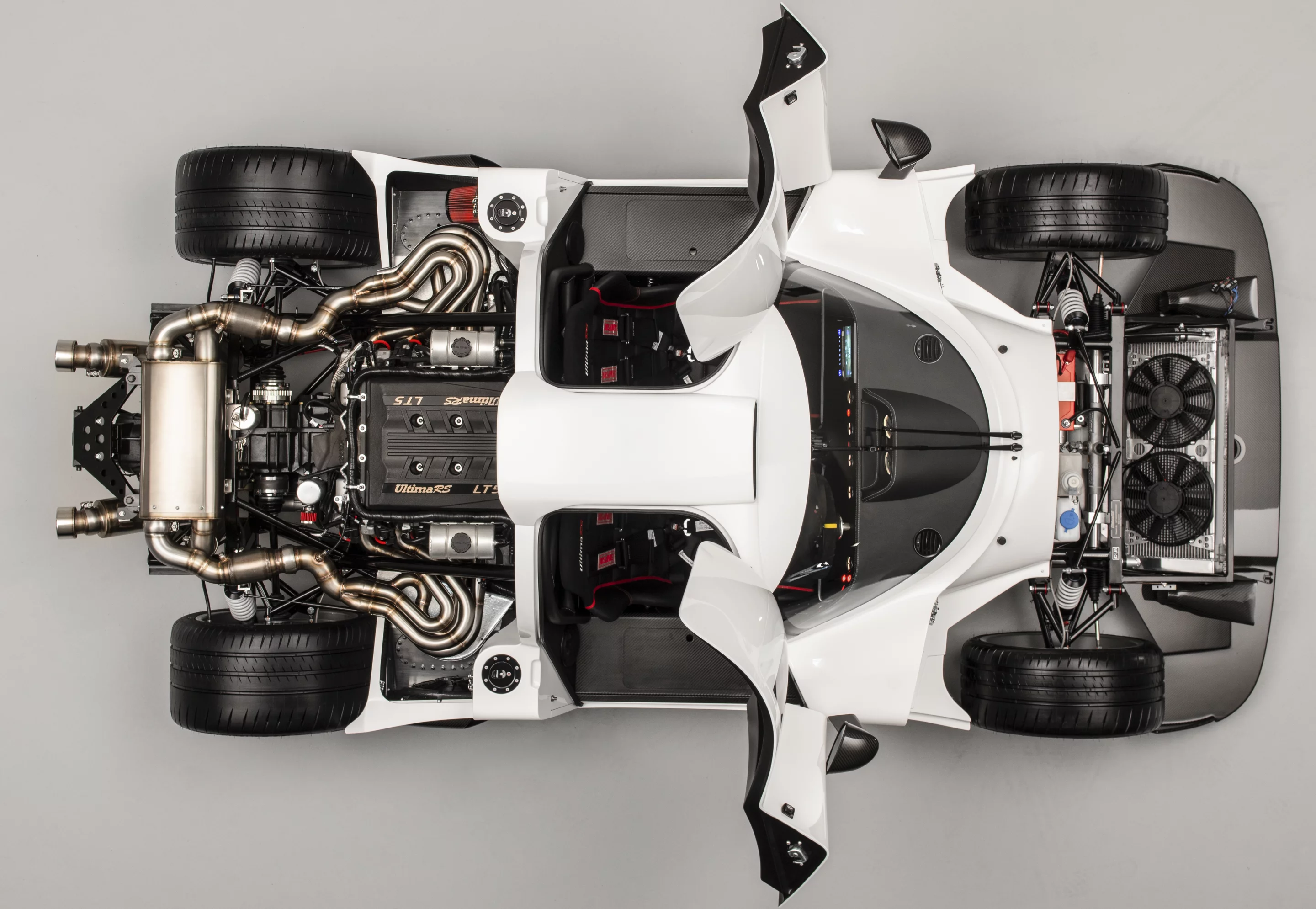 Ultima RS: Top-down view with bodywork removed and the RS's half-doors open