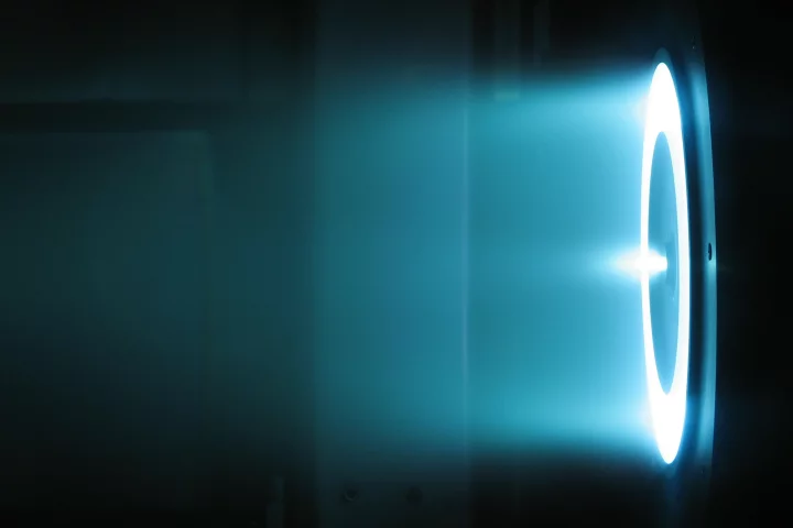 A Hall thruster electric propulsion unit in operation